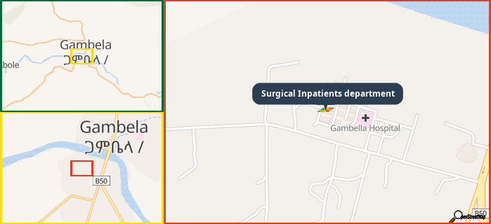 Map showing the address of Surgical Inpatients department in three different zoom levels.