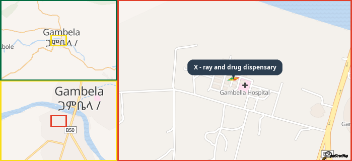 Map showing the address of X - ray and drug dispensary in three different zoom levels.