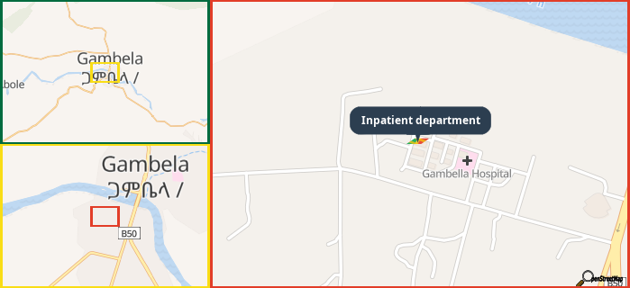 Map showing the address of Inpatient department in three different zoom levels.