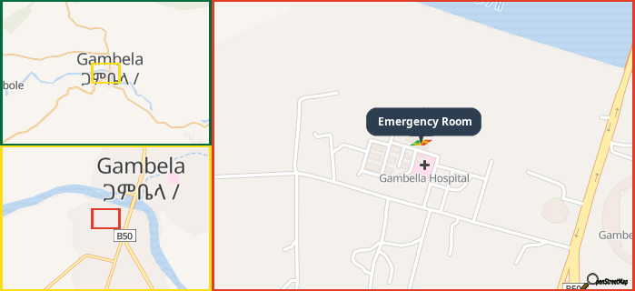 Map showing the address of Emergency Room in three different zoom levels.