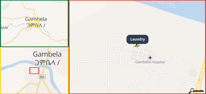 Map showing the address of Laundry in three different zoom levels.