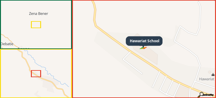 Map showing the address of Hawariat School in three different zoom levels.