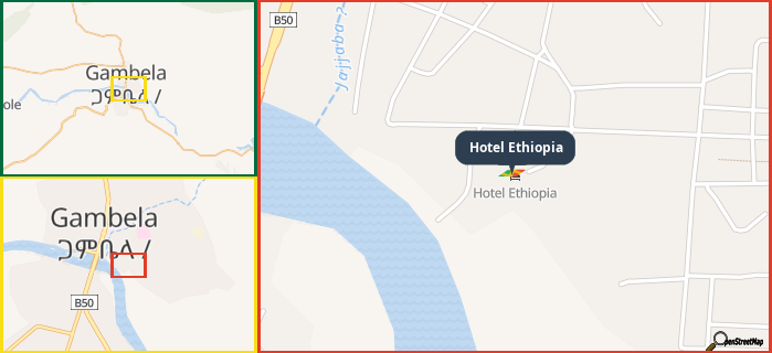 Map showing the address of Hotel Ethiopia in three different zoom levels.