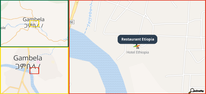 Map showing the address of Restaurant Etiopia in three different zoom levels.