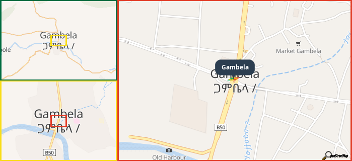 Map showing the address of Gambela in three different zoom levels.