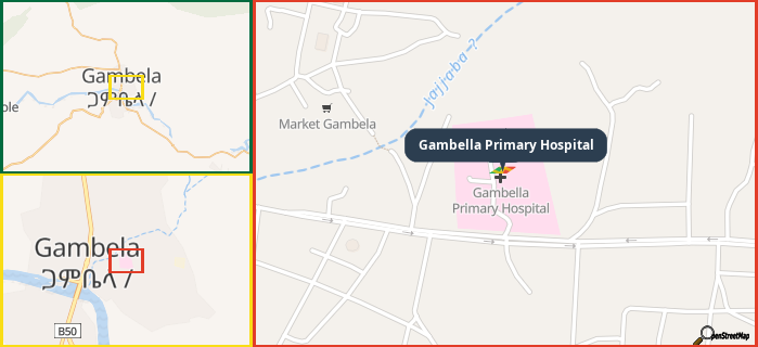 Map showing the address of Gambella Primary Hospital in three different zoom levels.