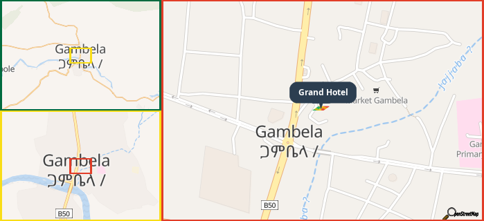 Map showing the address of Grand Hotel in three different zoom levels.