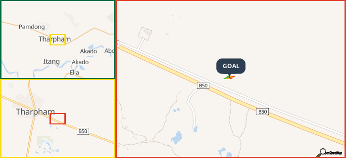Map showing the address of GOAL in three different zoom levels.
