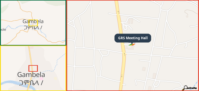 Map showing the address of GRS Meeting Hall in three different zoom levels.