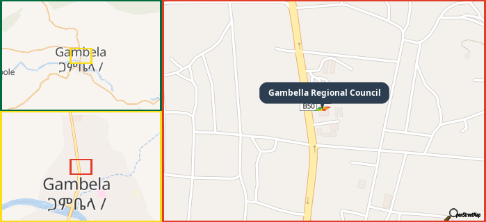 Map showing the address of Gambella Regional Council in three different zoom levels.