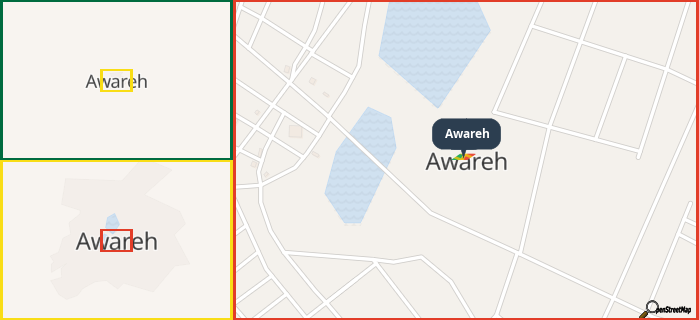 Map showing the address of Awareh in three different zoom levels.