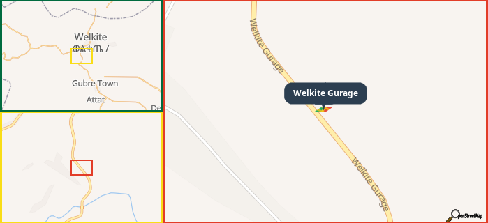 Map showing the address of Welkite Gurage in three different zoom levels.