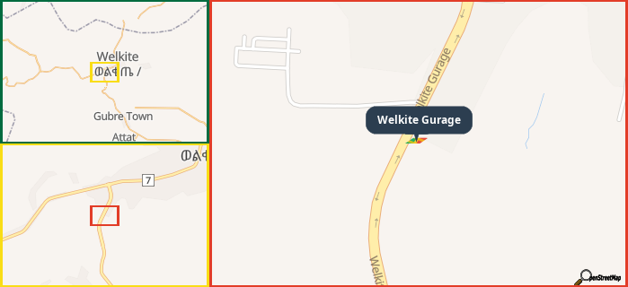 Map showing the address of Welkite Gurage in three different zoom levels.