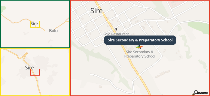 Map showing the address of Sire Secondary & Preparatory School in three different zoom levels.