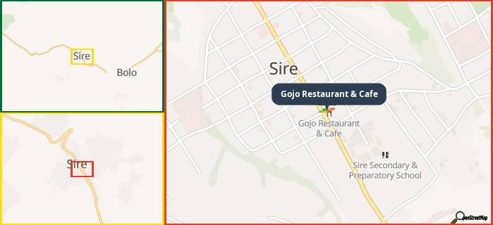 Map showing the address of Gojo Restaurant & Cafe in three different zoom levels.