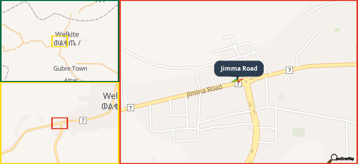 Map showing the address of Jimma Road in three different zoom levels.