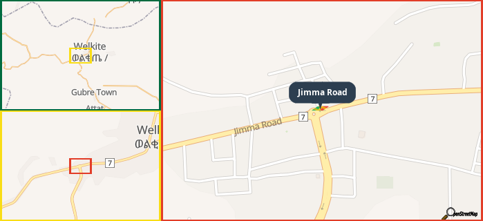 Map showing the address of Jimma Road in three different zoom levels.