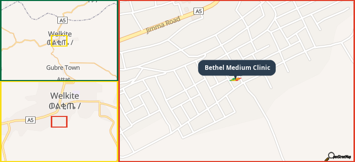 Map showing the address of Bethel Medium Clinic in three different zoom levels.