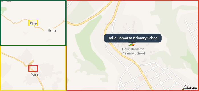 Map showing the address of Haile Bamarsa Primary School in three different zoom levels.