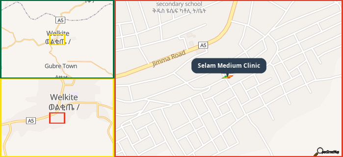 Map showing the address of Selam Medium Clinic in three different zoom levels.