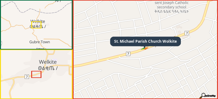 Map showing the address of St. Michael Parish Church Wolkite in three different zoom levels.