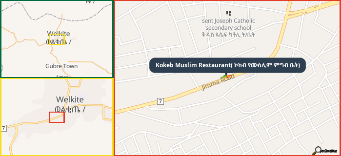 Map showing the address of Kokeb Muslim Restaurant( ኮከብ የሙስሊም ምግብ ቤት) in three different zoom levels.