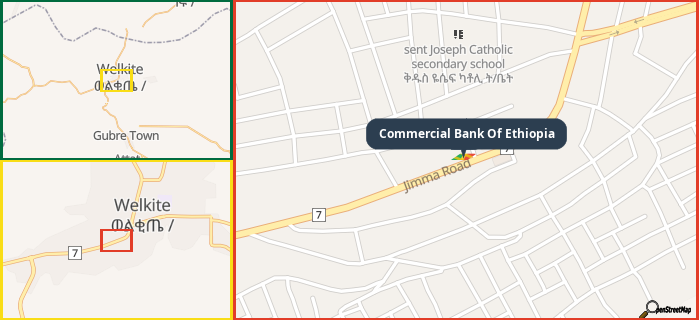Map showing the address of Commercial Bank Of Ethiopia in three different zoom levels.