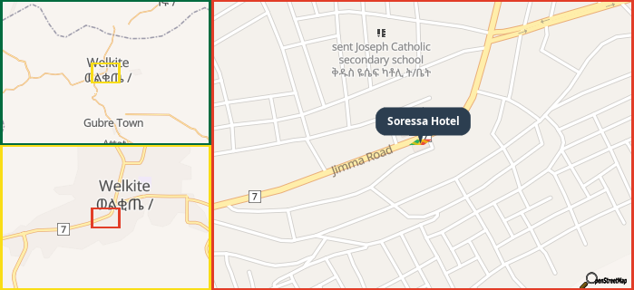 Map showing the address of Soressa Hotel in three different zoom levels.