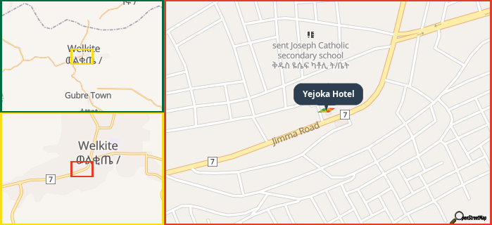 Map showing the address of Yejoka Hotel in three different zoom levels.
