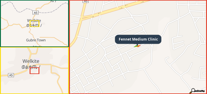 Map showing the address of Fennet Medium Clinic in three different zoom levels.