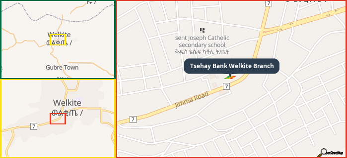 Map showing the address of Tsehay Bank Welkite Branch in three different zoom levels.
