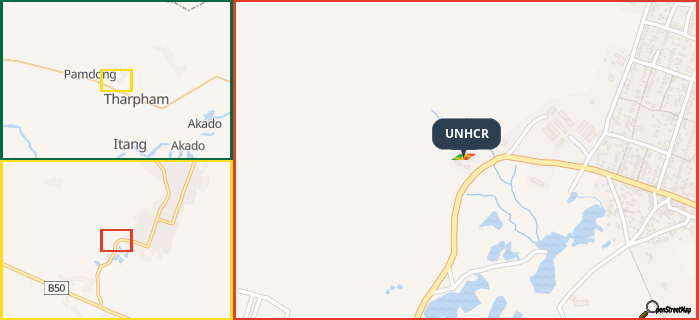 Map showing the address of UNHCR in three different zoom levels.