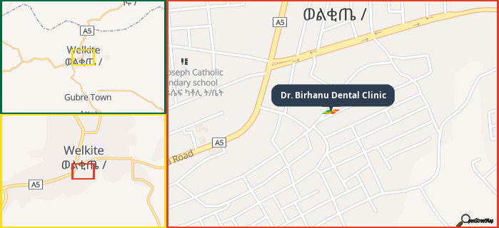 Map showing the address of Dr. Birhanu Dental Clinic in three different zoom levels.