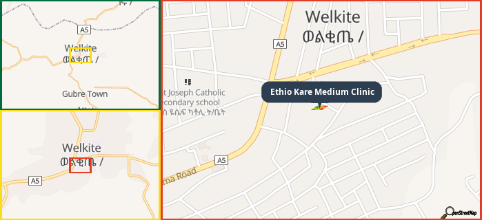 Map showing the address of Ethio Kare Medium Clinic in three different zoom levels.