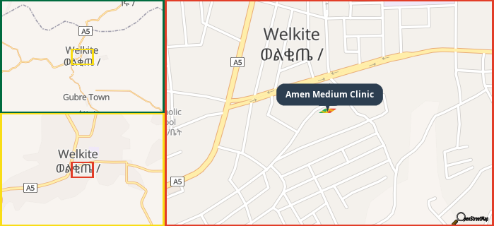 Map showing the address of Amen Medium Clinic in three different zoom levels.