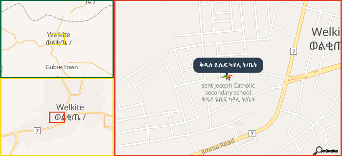 Map showing the address of ቅዱስ ዬሴፍ ካቶሊ ት/ቤት in three different zoom levels.