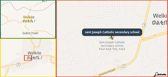 Map showing the address of sent Joseph Catholic secondary school in three different zoom levels.