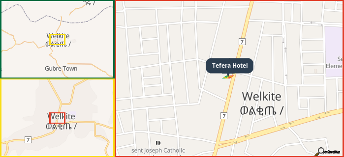 Map showing the address of Tefera Hotel in three different zoom levels.