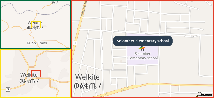 Map showing the address of Selamber Elementary school in three different zoom levels.