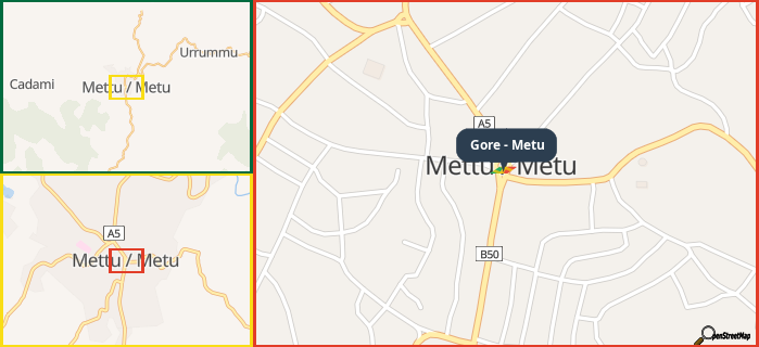 Map showing the address of Gore - Metu in three different zoom levels.