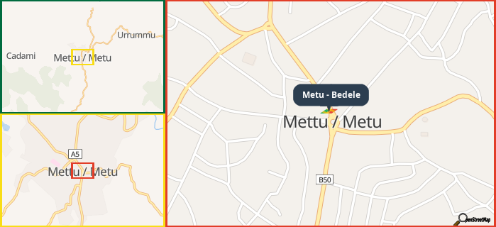 Map showing the address of Metu - Bedele in three different zoom levels.