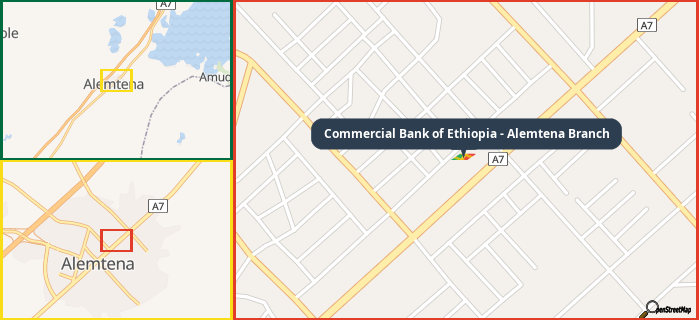 Map showing the address of Commercial Bank of Ethiopia - Alemtena Branch in three different zoom levels.