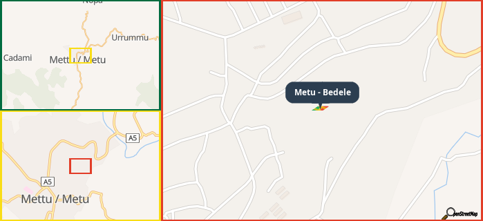 Map showing the address of Metu - Bedele in three different zoom levels.