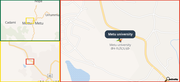 Map showing the address of Metu university in three different zoom levels.