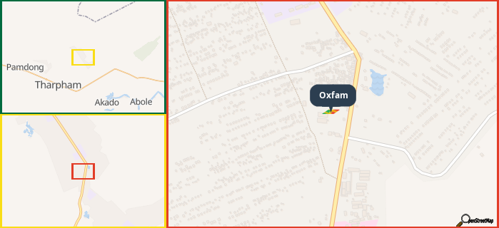 Map showing the address of Oxfam in three different zoom levels.