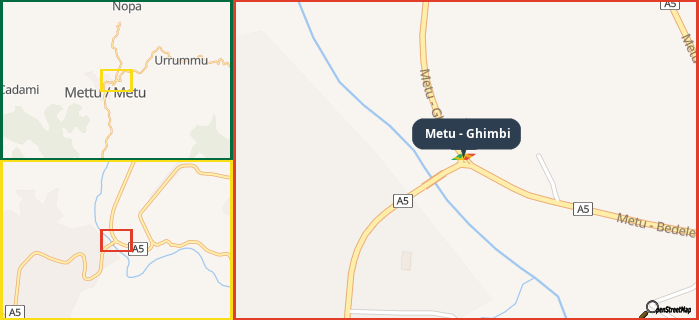 Map showing the address of Metu - Ghimbi in three different zoom levels.