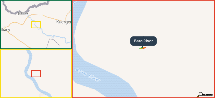 Map showing the address of Baro River in three different zoom levels.