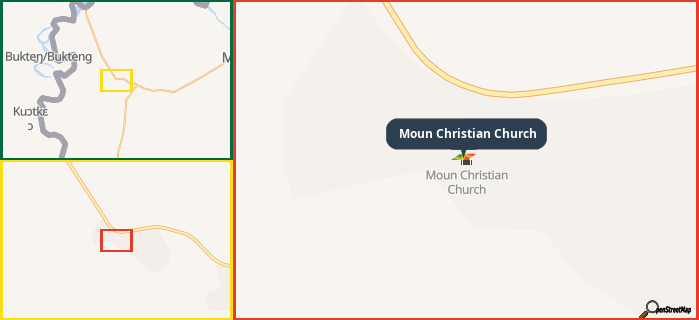Map showing the address of Moun Christian Church in three different zoom levels.