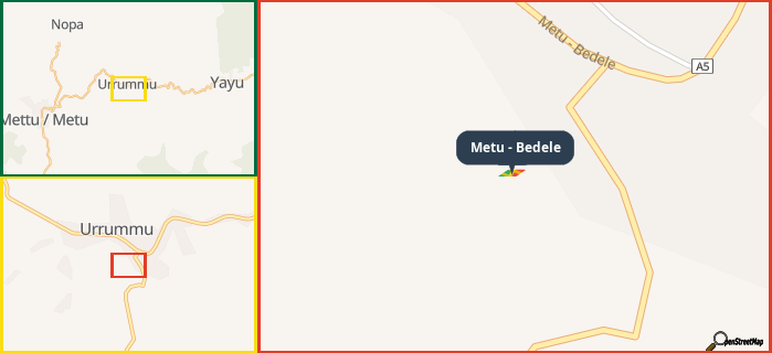 Map showing the address of Metu - Bedele in three different zoom levels.