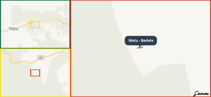 Map showing the address of Metu - Bedele in three different zoom levels.